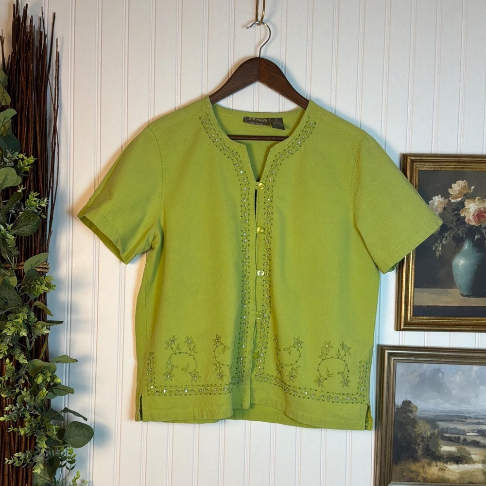 Jane Ashley Button Front Top Womens Large Green Good Vintage Beaded Embroidered